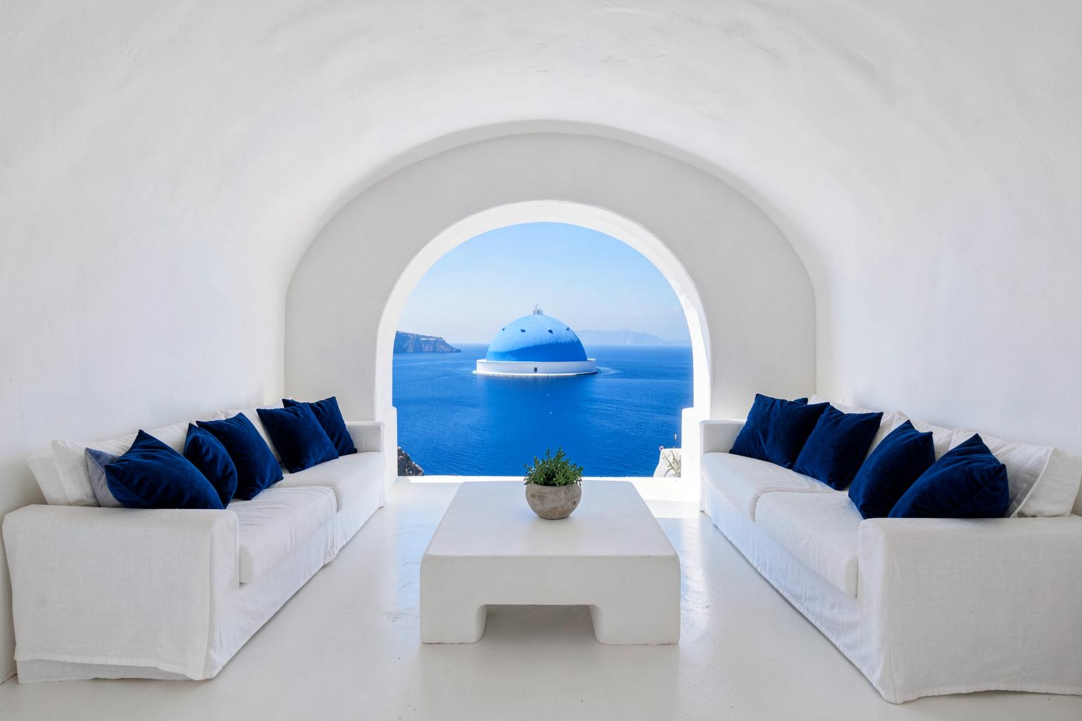 Sunlit living room with linen sofas and a window framing the sea